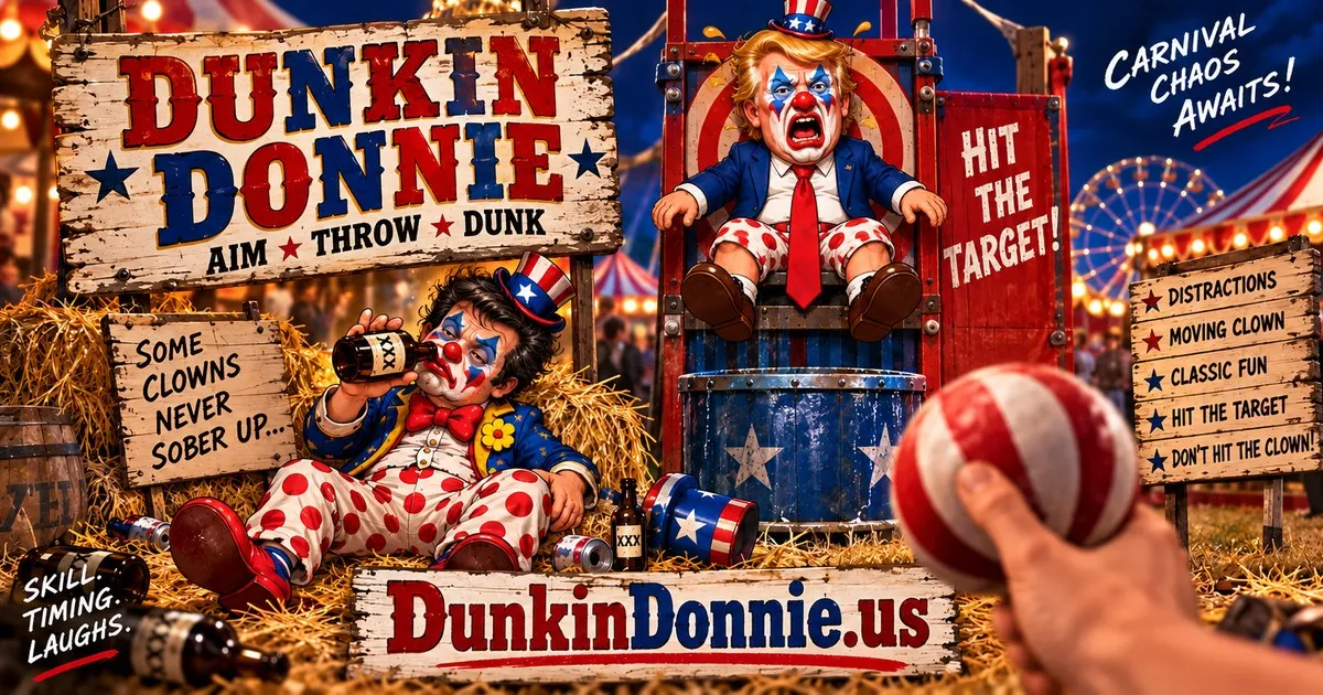 Dunkin Donnie carnival artwork featuring a clown above a dunk tank, a bullseye, and a ball ready to throw.