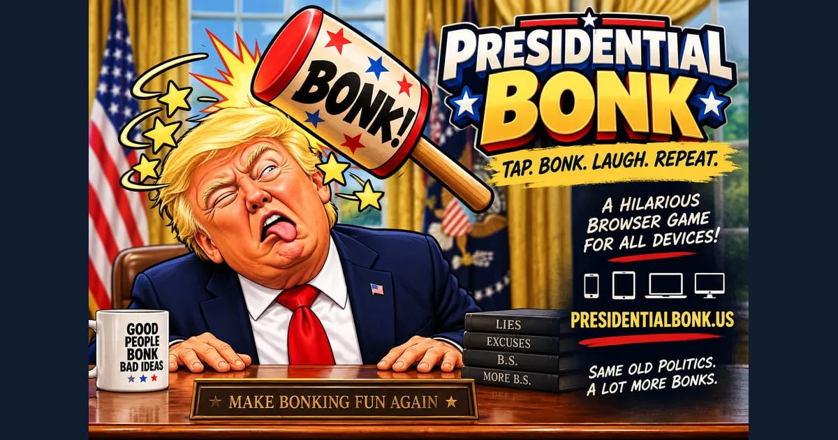 Presidential Bonk! artwork with a cartoon character, an oversized bonking mallet, and the game title.